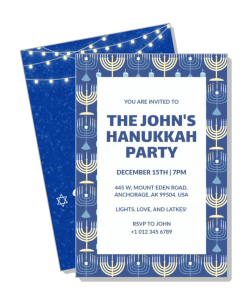 hanukkah party invitation with menorah design and event details template
