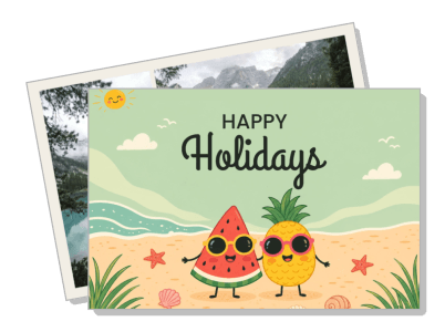 happy holidays beach scene watermelon pineapple cute cartoon characters template