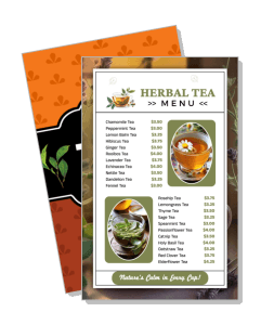 herbal tea menu design with prices and images of healthy drinks template