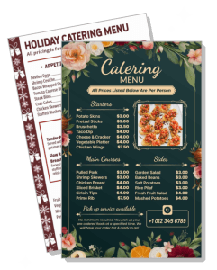 holiday catering menu with pricing and floral decor template