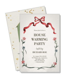 housewarming party invitation card design with red ribbon and floral border template