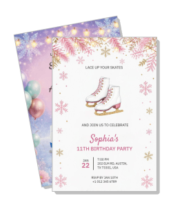 ice skating birthday party invitation with skates pink gold theme template