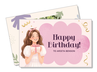 illustrated happy birthday card smiling girl holding gift template