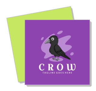 illustration of cartoon cute crow on purple background with typography design template