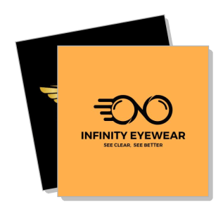 infinity eyewear logo design with slogan on orange background template