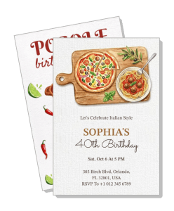 italian themed birthday invitation with pizza and pasta illustrations template
