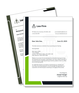 law firm letterhead template with hearing details