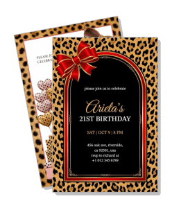 leopard print 21st birthday invitation with red bow and details template