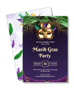 mardi gras party invitation with mask and feathers template