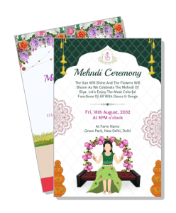 mehndi ceremony invitation card design with floral decor and event details template