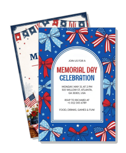 memorial day celebration invitation card design with bows and usa colors template