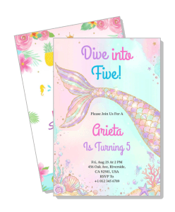 mermaid themed fifth birthday party invitation for girls colorful under the sea design template