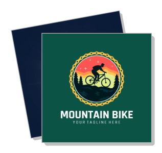 mountain bike logo design with rider silhouette and sunset background template