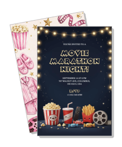 movie marathon night invitation with popcorn and snacks design template