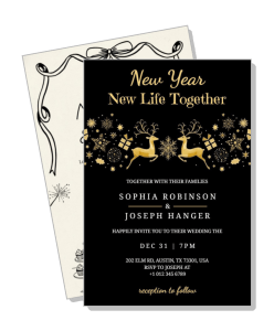 new year wedding invitation gold black theme reindeer design template