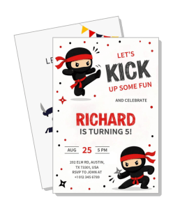 ninja themed kids birthday invitation card with party details template