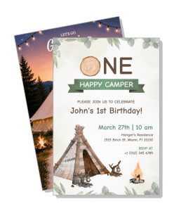 one happy camper first birthday invitation with campfire and tent theme template