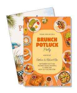 orange brunch potluck party invitation card with food illustrations template