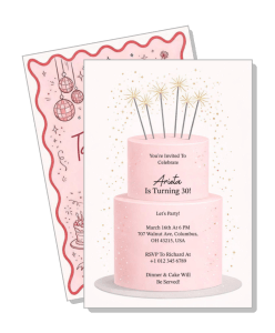 pink birthday cake invitation with sparkler candles celebration template
