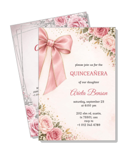 pink floral quinceanera invitation with ribbon design template