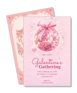 pink galentines gathering invitation card with disco ball and bow template
