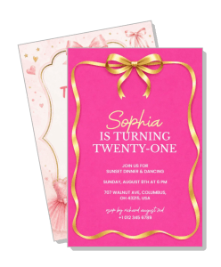pink gold bow 21st birthday invitation card design template