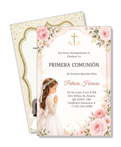 primera comunion invitacion nina rosa floral diseno tarjeta template