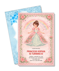 princess themed birthday invitation card for girls with rainbow and floral border template