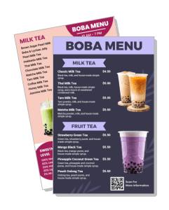 purple boba milk tea menu design with fruit tea options and pricing template