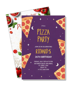 purple pizza party invitation with slices and tomato background template