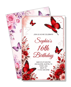 red butterfly floral theme 16th birthday invitation card template