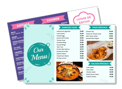 restaurant menu comfort food salads specials layout design template