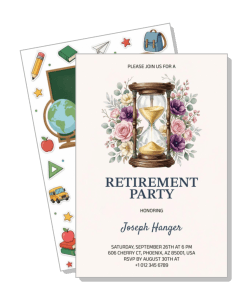 retirement party invitation hourglass floral design colorful icons background template