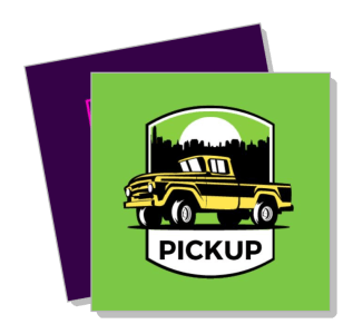 retro yellow pickup graphic with city silhouette on green background template