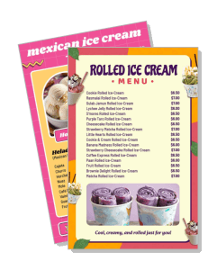 rolled ice cream menu with prices and flavors template