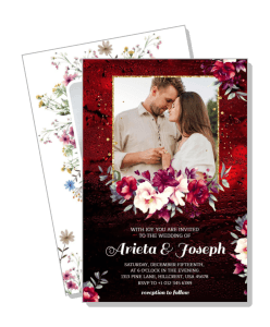 romantic wedding invitation card floral design with couple photo template