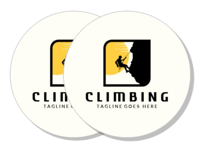 round climbing logo with mountain silhouette and yellow sun background template