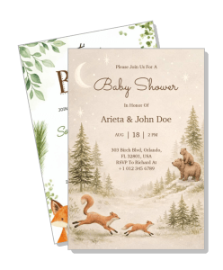 rustic forest themed baby shower invitation with wildlife illustrations template