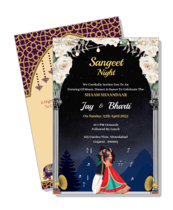 sangeet night invitation card design with roses and couple illustration template