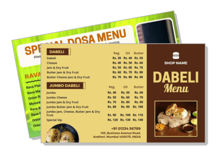 special dosa and dabeli menu flyer with prices and shop name template