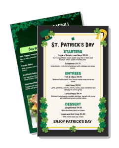 st patricks day themed menu design with startern entrees desserts template