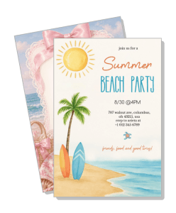 summer beach party invitation card design with sun and surfboards template