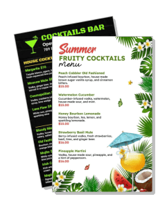summer fruity cocktails menu with tropical design and pricing template