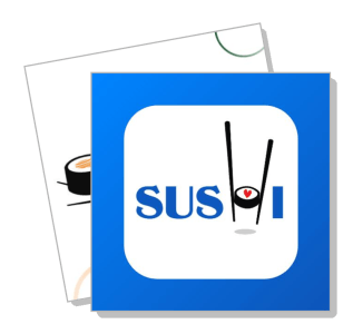 sushi logo design with chopsticks and sushi roll icon template