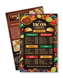 taco fiesta vibrant colorful menu design with pricing and options template