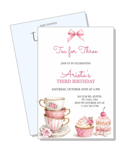 tea party themed third birthday invitation with teacups and desserts template