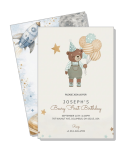 teddy bear first birthday invitation with balloons and star theme template