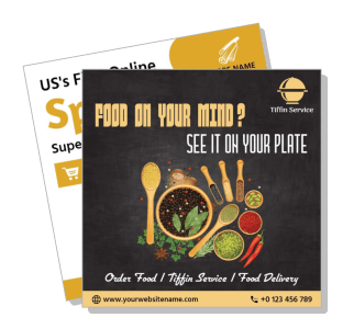 tiffin service food delivery advertisement with spices and cooking utensils template