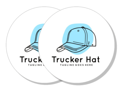 trucker hat logo design with blue background and tagline template