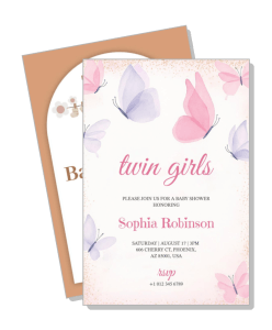 twin girls baby shower invitation card with butterflies theme template